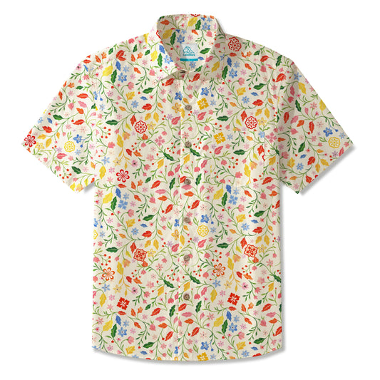 LeosWare® Men's Hawaiian Shirt Short Sleeve Button-up 100% Cotton Yellow Aloha Dream Of Fairy Blossoms