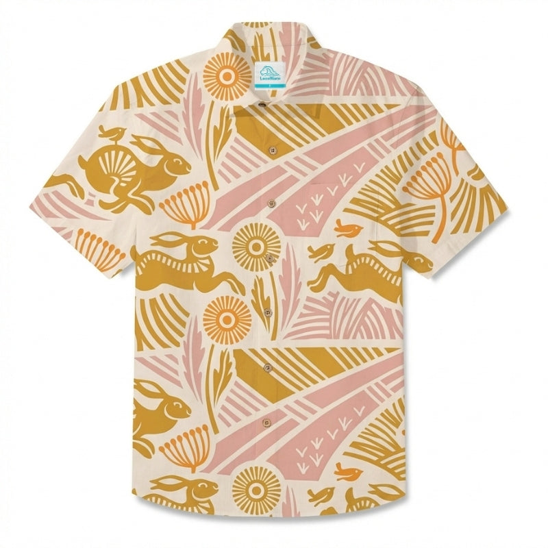 LeosWare® Men's Hawaiian Shirt Short Sleeve Button-up Breathable & Quick-Dry Aloha Bunny Folklore