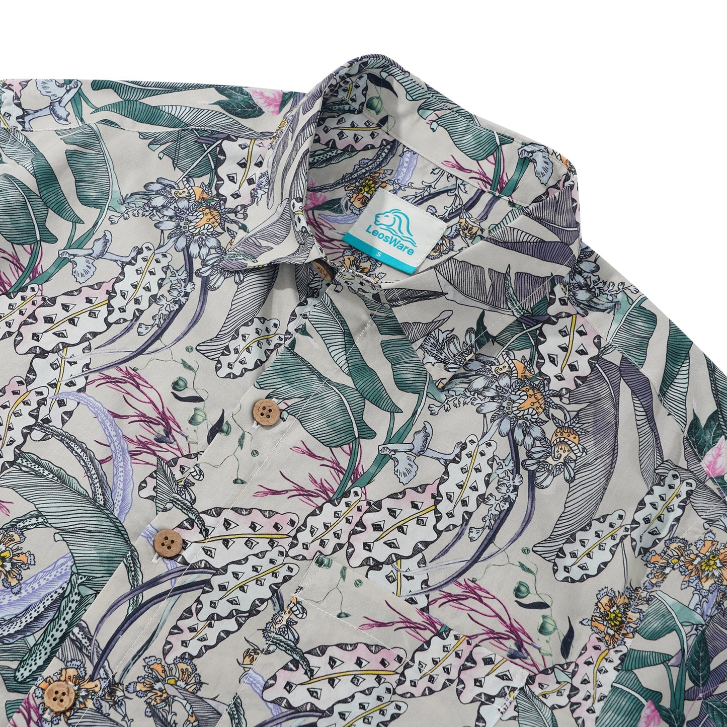 LeosWare® Men's Hawaiian Shirt Short Sleeve Button-up 100% Cotton Beige Aloha Fresh Tropical Plant Art