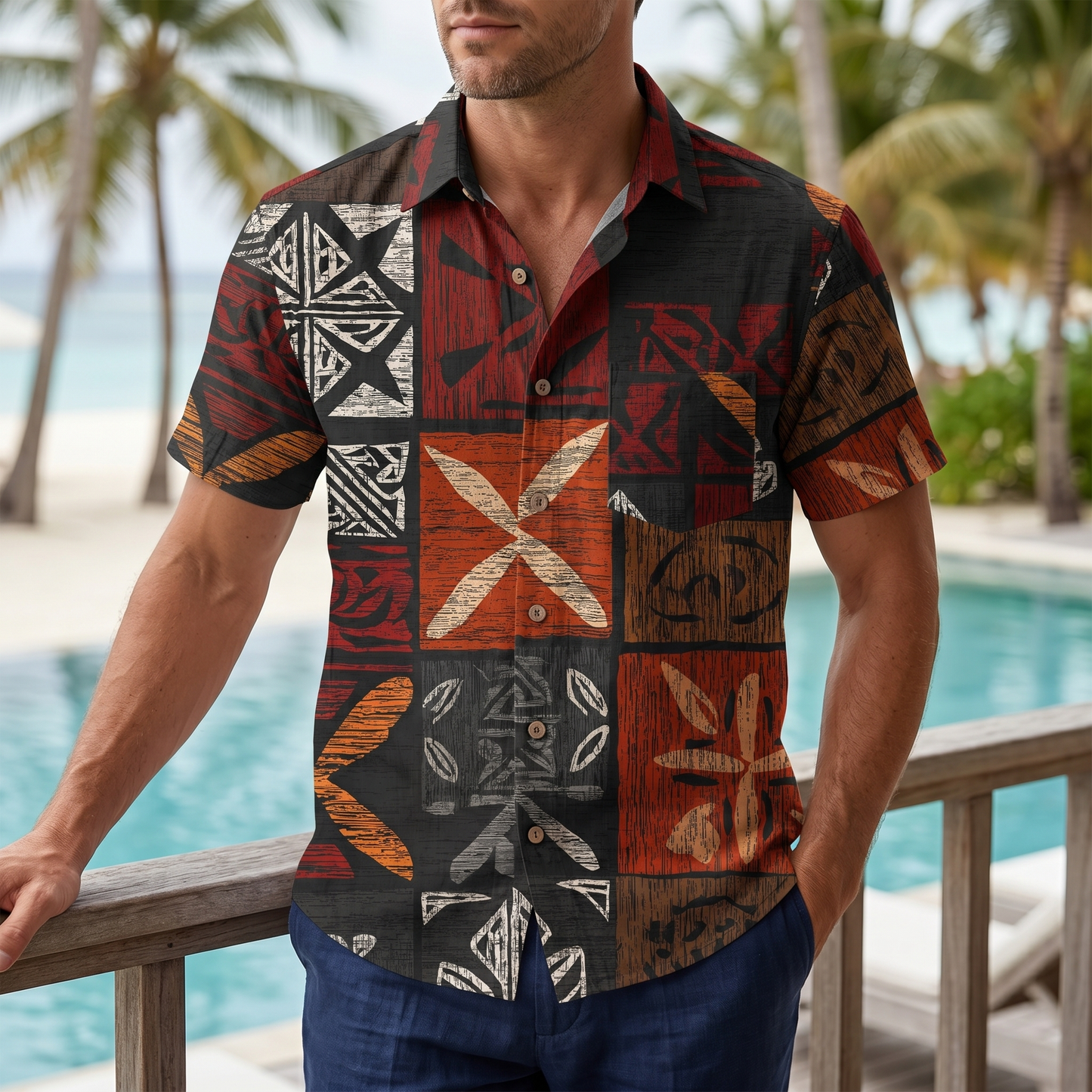 LeosWare® Men's Hawaiian Shirt Short Sleeve Button-up 95% Polyester, 5% Spandex Aloha Ember Blocks