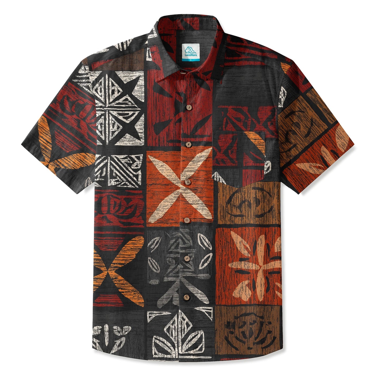 LeosWare® Men's Hawaiian Shirt Short Sleeve Button-up 95% Polyester, 5% Spandex Aloha Ember Blocks