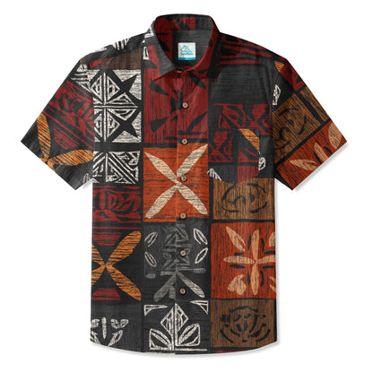LeosWare® Men's Hawaiian Shirt Short Sleeve Button-up 95% Polyester, 5% Spandex Aloha Ember Blocks