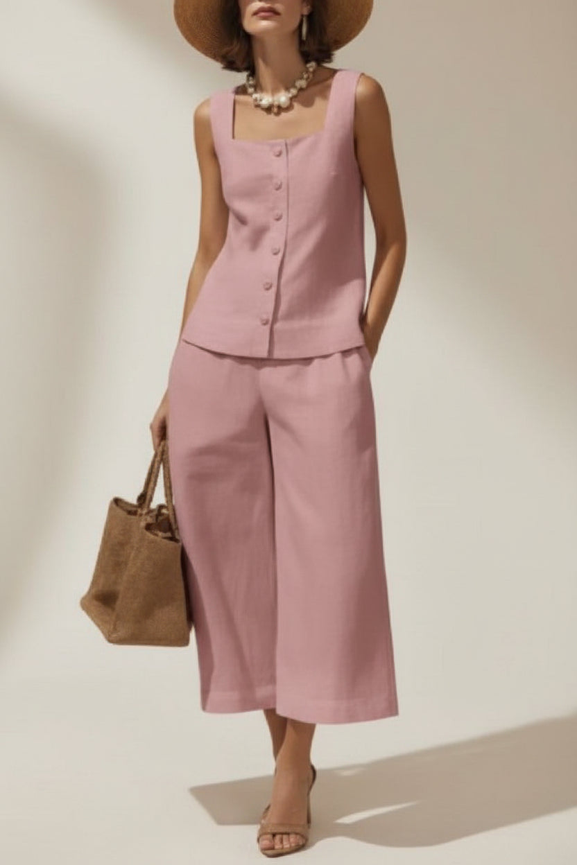 Women's Cotton Linen Square Neck Top & Capri Pants Set