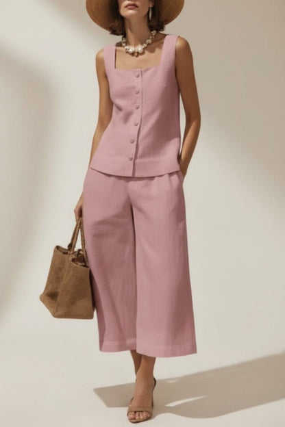 Women's Cotton Linen Square Neck Top & Capri Pants Set