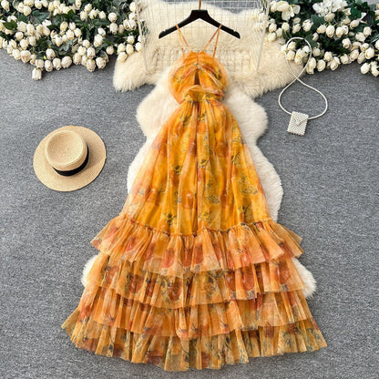 Vacation Halter Sleeveless Printed Dress – Tiered Mesh Cake Skirt, Flowy Summer Maxi
