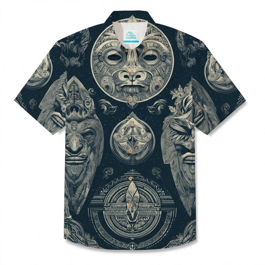 LeosWare® Men's Hawaiian Shirt Short Sleeve Button-up Breathable & Quick-Dry Aloha Shadow Totem