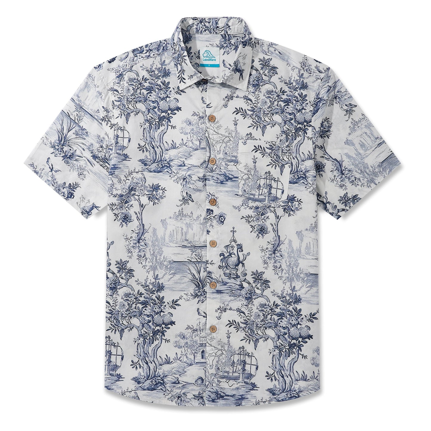 LeosWare® Men's Hawaiian Shirt Short Sleeve Button-up 100% Cotton Beige Aloha Vintage Hand-drawn Exotic Landscapes