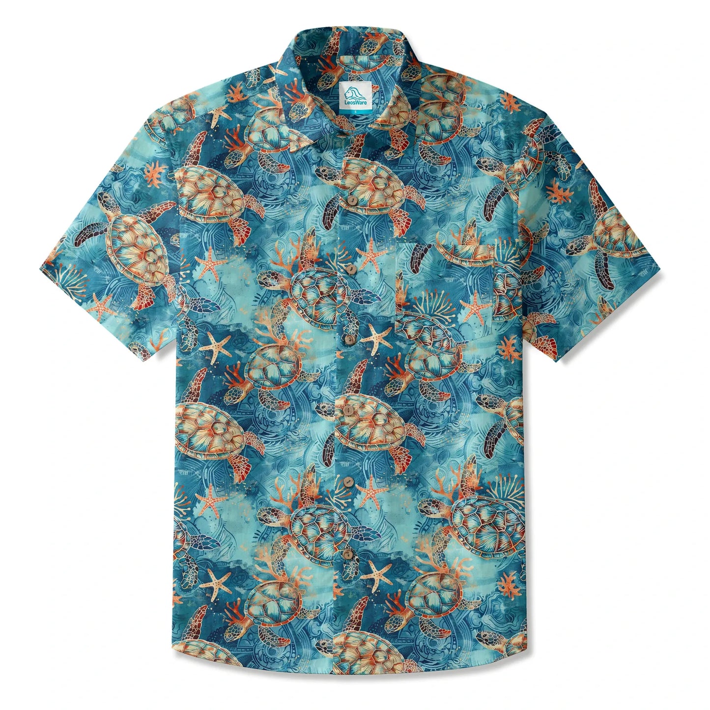 LeosWare® Men's Hawaiian Shirt Short Sleeve Button-up 100% Cotton Blue Aloha Golden Turtle Sea