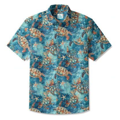 LeosWare® Men's Hawaiian Shirt Short Sleeve Button-up 100% Cotton Blue Aloha Golden Turtle Sea