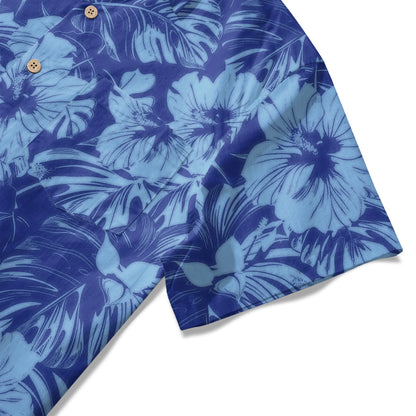 LeosWare® Hibiscus Flower Men's Hawaiian Shirt Short Sleeve Button-up 100% Cotton Blue Aloha Blue Serenity