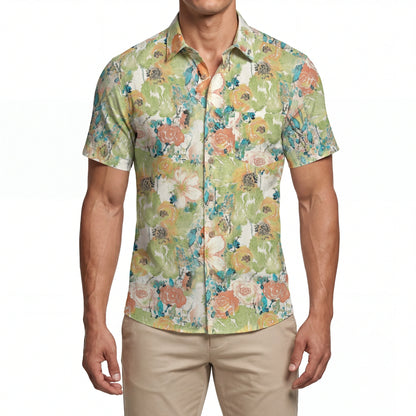 LeosWare® Men's Hawaiian Shirt Short Sleeve Button-up 100% Cotton Green Aloha Fresh Natural Impressions