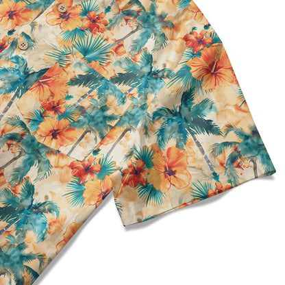 LeosWare® Men's Hawaiian Shirt Short Sleeve Button-up 100% Cotton Orange Aloha Sunset Orange Coconut Breeze