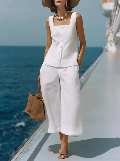 Women's Cotton Linen Square Neck Top & Capri Pants Set