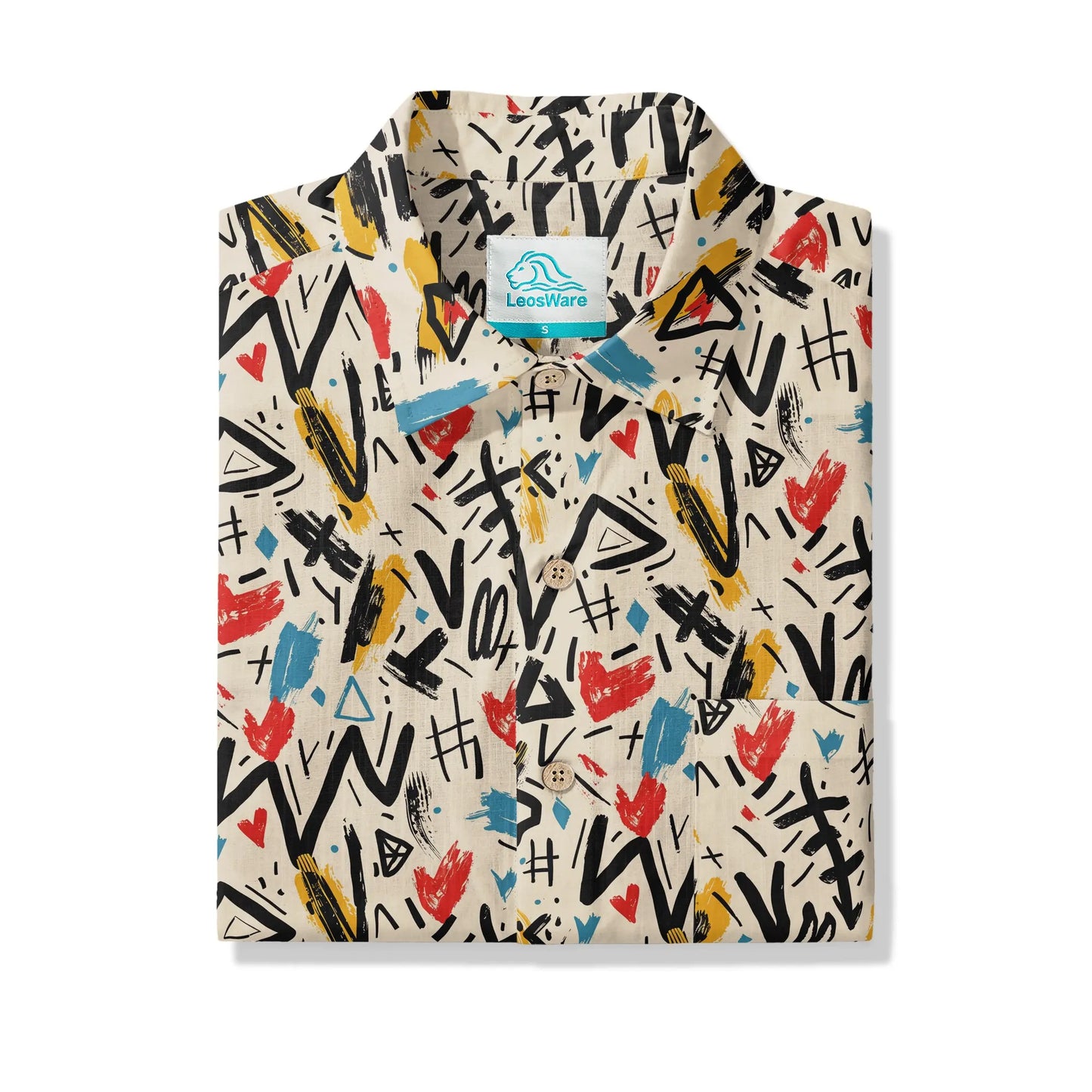 LeosWare® Men's Hawaiian Shirt Short Sleeve Button-up 100% Cotton Beige Aloha Graffiti Impressions