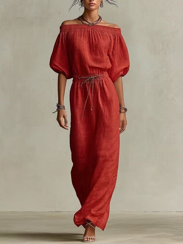 Women's Linen Pants Suit – Solid Color Lantern Sleeve Set