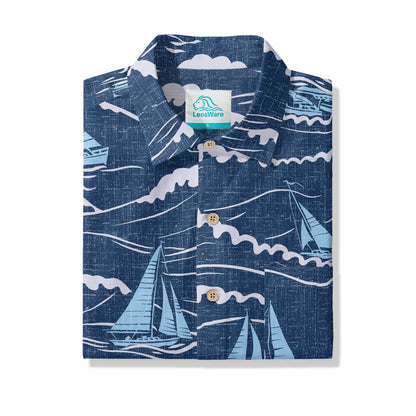 LeosWare® Sailboat Men's Hawaiian Shirt Short Sleeve Button-up 100% Cotton Blue Aloha Blue Sail Adventure