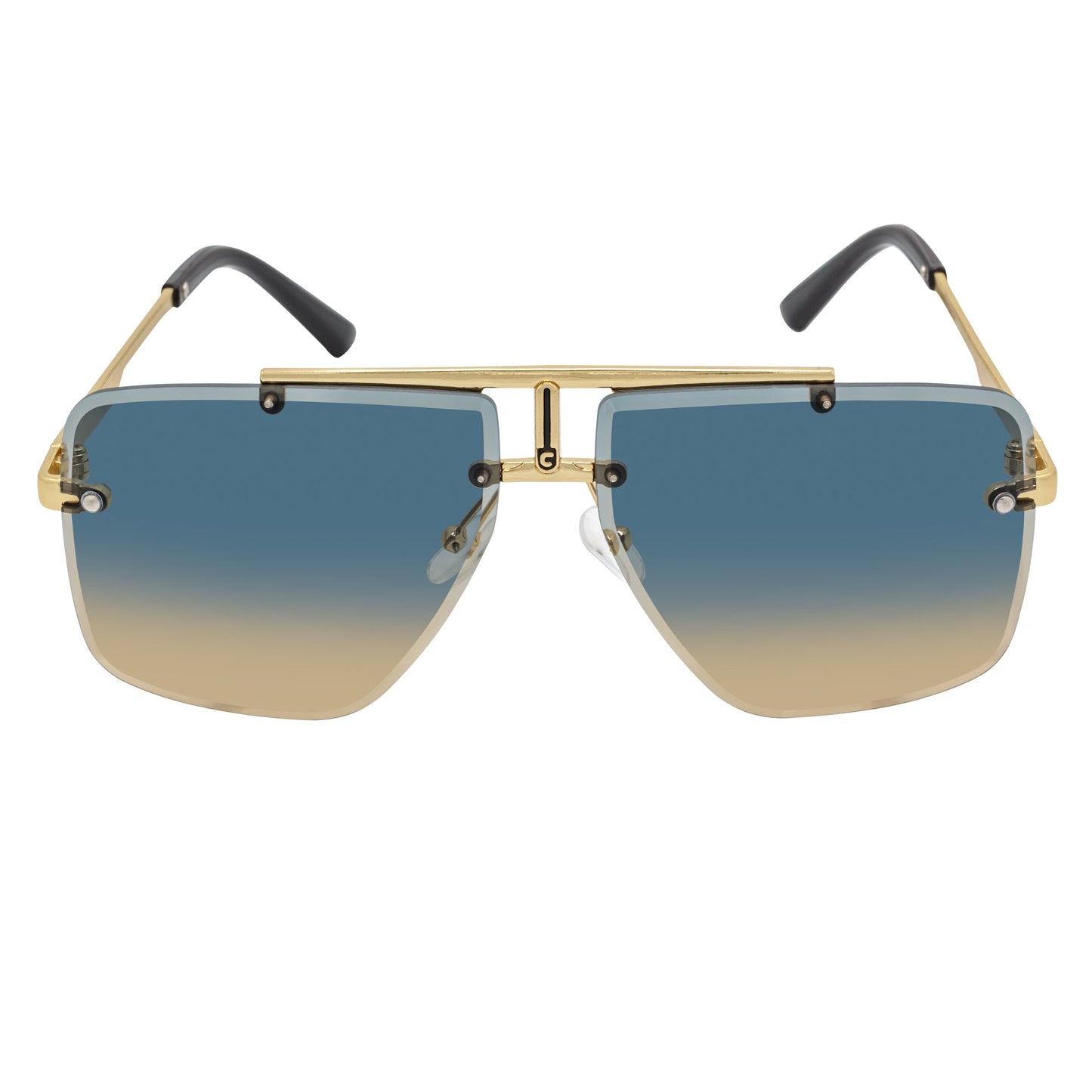 DIRECTOR - Rimless Metal Flat Top Aviator Gold Sunglasses Blue-Tan Lens