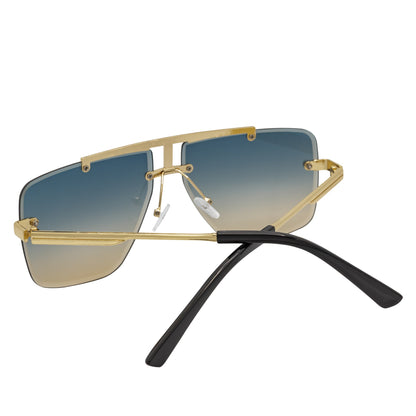 DIRECTOR - Rimless Metal Flat Top Aviator Gold Sunglasses Blue-Tan Lens