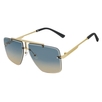 DIRECTOR - Rimless Metal Flat Top Aviator Gold Sunglasses Blue-Tan Lens