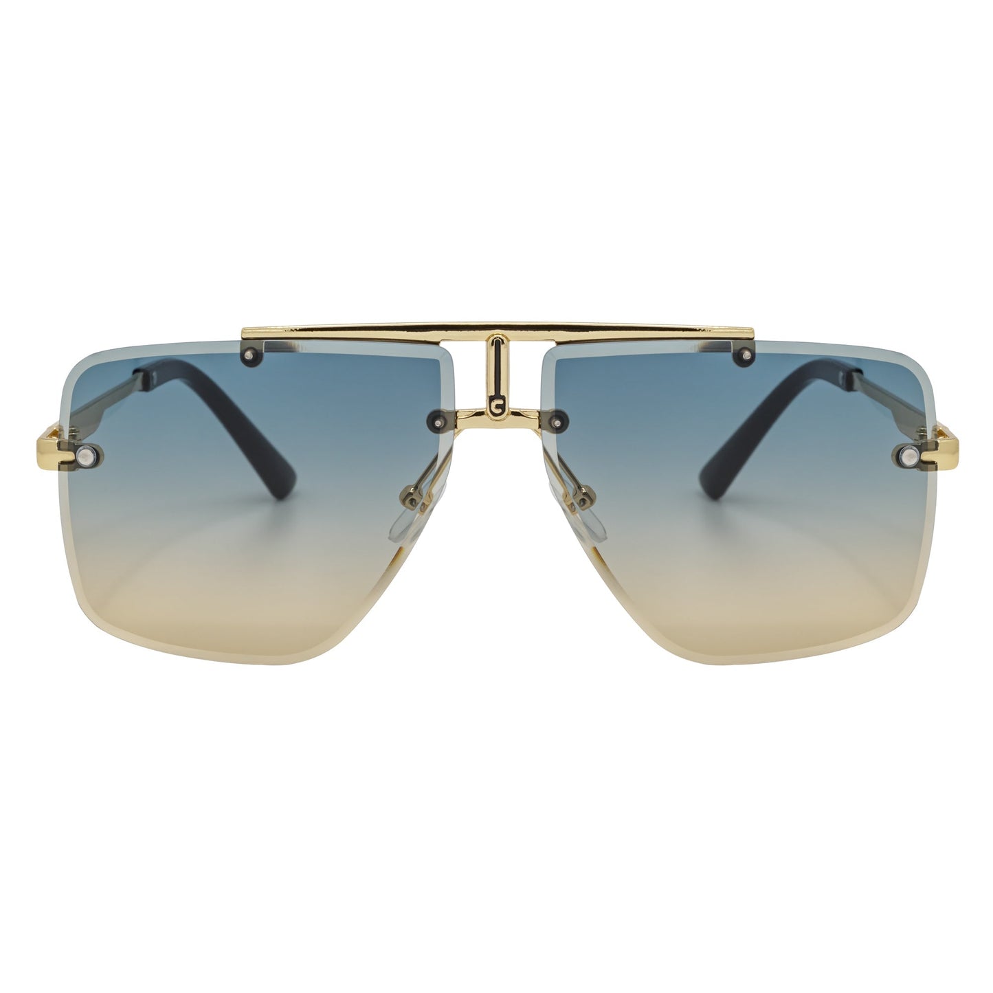 DIRECTOR - Rimless Metal Flat Top Aviator Gold Sunglasses Blue-Tan Lens