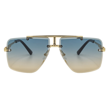DIRECTOR - Rimless Metal Flat Top Aviator Gold Sunglasses Blue-Tan Lens