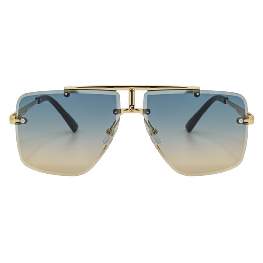 DIRECTOR - Rimless Metal Flat Top Aviator Gold Sunglasses Blue-Tan Lens
