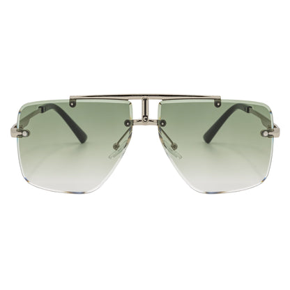 DIRECTOR - Rimless Metal Flat Top Aviator Sunglasses Silver Green Fade Lens