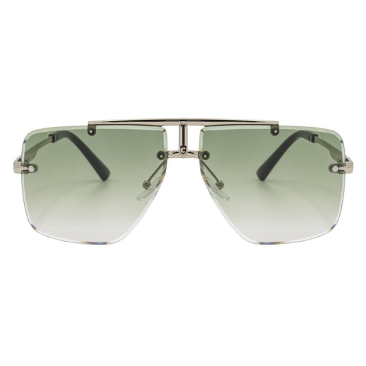 DIRECTOR - Rimless Metal Flat Top Aviator Sunglasses Silver Green Fade Lens