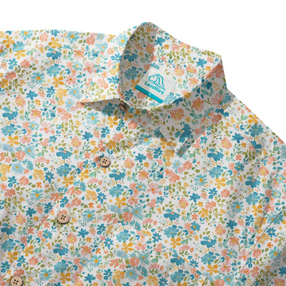 LeosWare® Flower Men's Hawaiian Shirt Short Sleeve Button-up 100% Cotton Beige Aloha Sunny Day Wildflowers