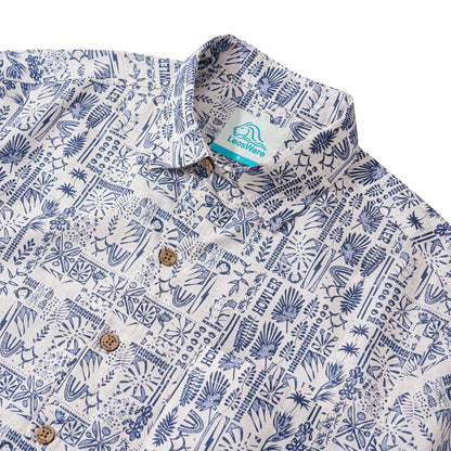 LeosWare® Men's Hawaiian Shirt Short Sleeve Button-up 100% Cotton Blue Aloha Fresh Art Collage Botanical Pattern Painting