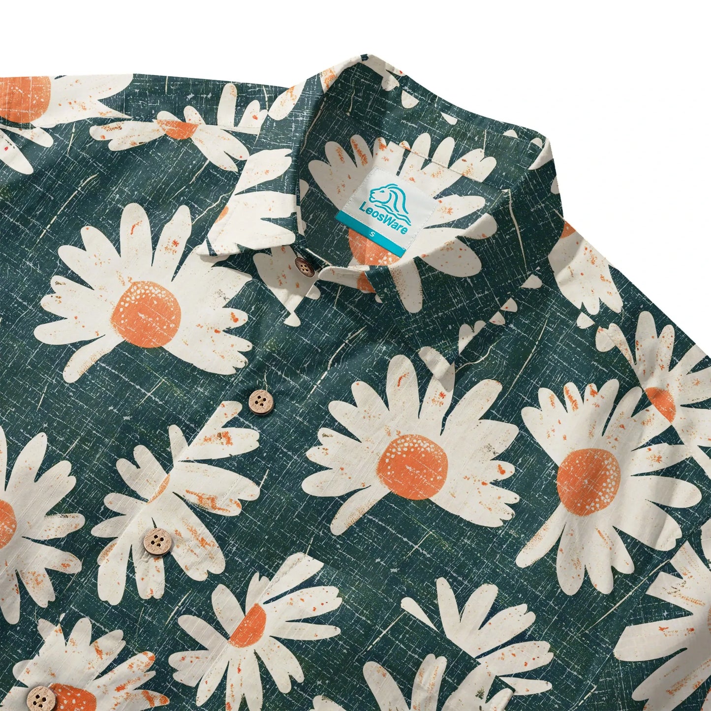 LeosWare® Men's Hawaiian Shirt Short Sleeve Button-up 100% Cotton Green Aloha Daisy Bottom