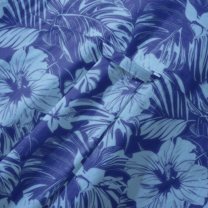 LeosWare® Hibiscus Flower Men's Hawaiian Shirt Short Sleeve Button-up 100% Cotton Blue Aloha Blue Serenity