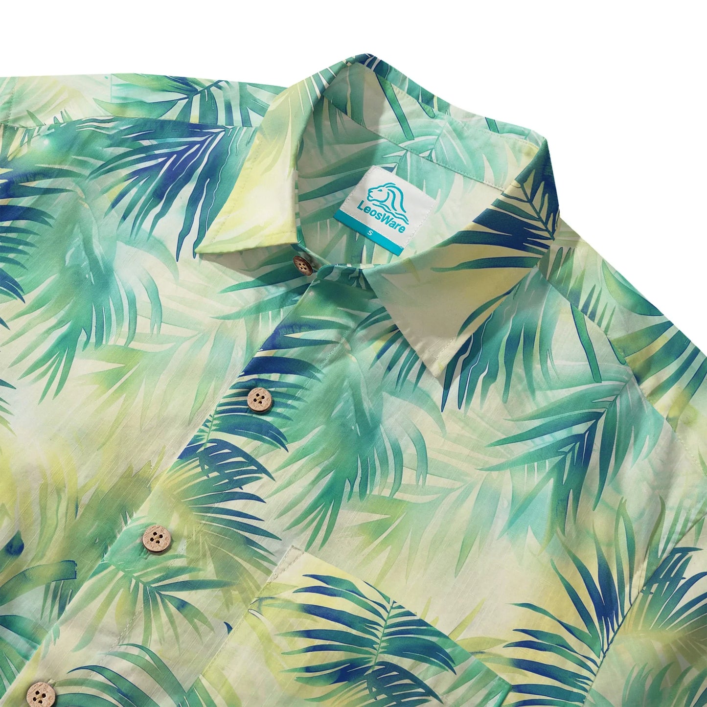 LeosWare® Plant Men's Hawaiian Shirt Short Sleeve Button-up 100% Cotton Green Aloha Coconut Breeze - Summer Delight