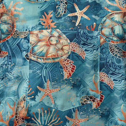 LeosWare® Men's Hawaiian Shirt Short Sleeve Button-up 100% Cotton Blue Aloha Golden Turtle Sea