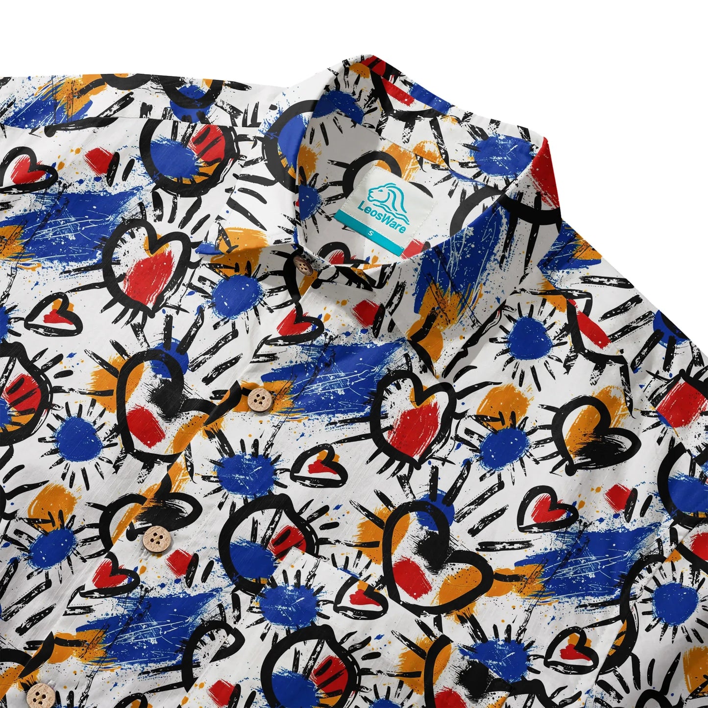 LeosWare® Men's Hawaiian Shirt Short Sleeve Button-up 100% Cotton White Aloha Color Clash Heart Mango