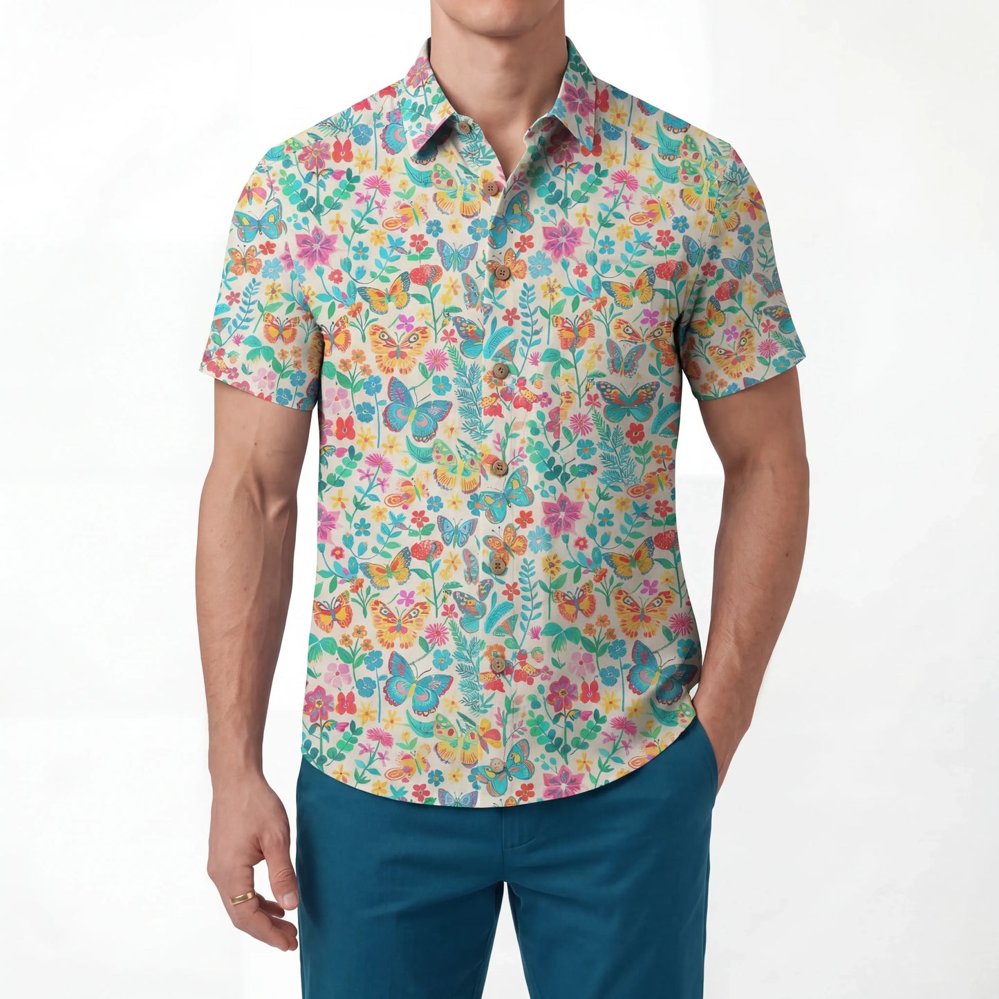 LeosWare® Men's Hawaiian Shirt Short Sleeve Button-up 100% Cotton Blue Aloha Dance Of The Butterfly Blossom Collection