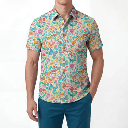 LeosWare® Men's Hawaiian Shirt Short Sleeve Button-up 100% Cotton Blue Aloha Dance Of The Butterfly Blossom Collection
