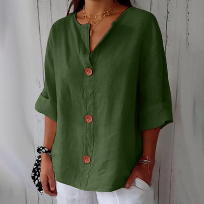 Women’s V-Neck Cotton Linen Buttoned Blouse