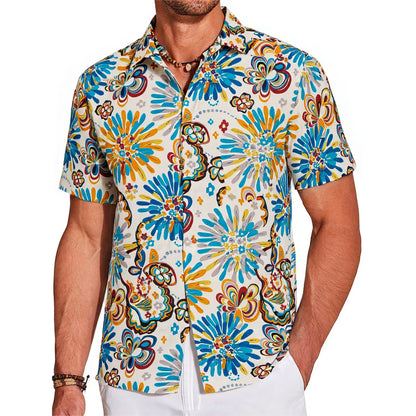 LeosWare® Men's Hawaiian Shirt Short Sleeve Button-up 100% Cotton Blue Aloha Vibrant And Colorful Artistic Flowers