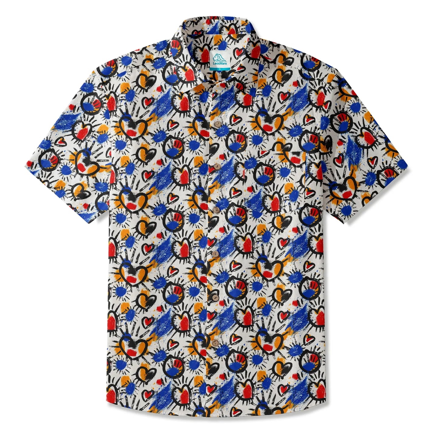 LeosWare® Men's Hawaiian Shirt Short Sleeve Button-up 100% Cotton White Aloha Color Clash Heart Mango