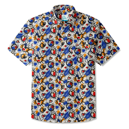 LeosWare® Men's Hawaiian Shirt Short Sleeve Button-up 100% Cotton White Aloha Color Clash Heart Mango