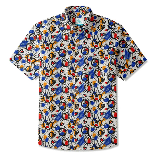 LeosWare® Men's Hawaiian Shirt Short Sleeve Button-up 100% Cotton White Aloha Color Clash Heart Mango