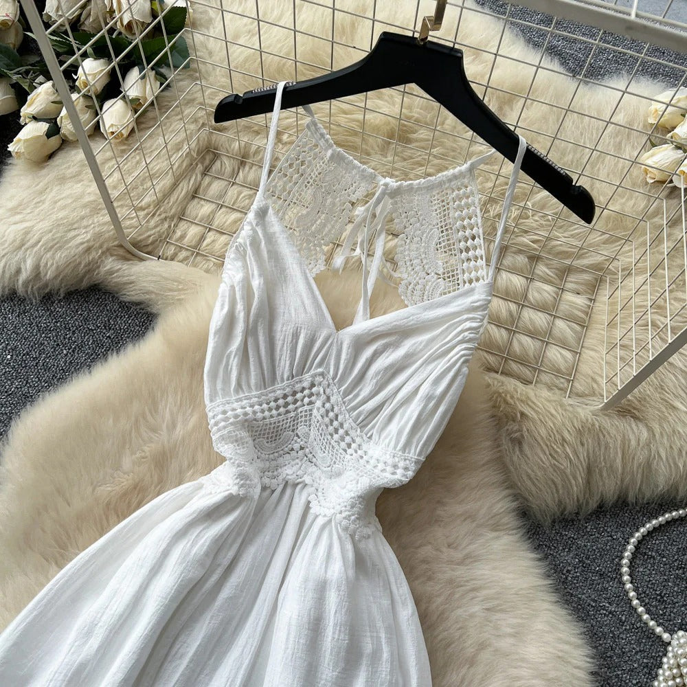 White Lace Halter Beach Dress – Spring-Summer Open-Back Tiered Cake Maxi, Vacation Bridal Sundress