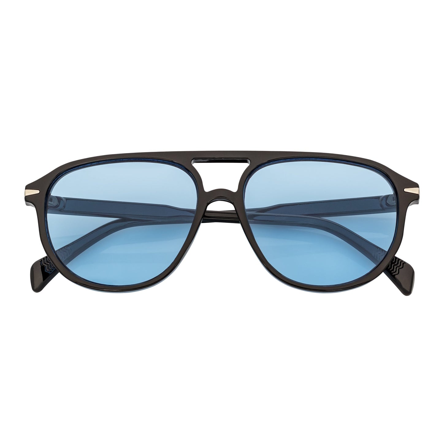 EPOCH - Classic Flat Top Plastic Aviator Black Sunglasses Blue Tint Lens