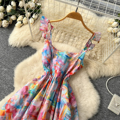 Floral Print Dress – V-Neck Adjustable Strap Midi, Spring-Summer Beach Vacation Sundress