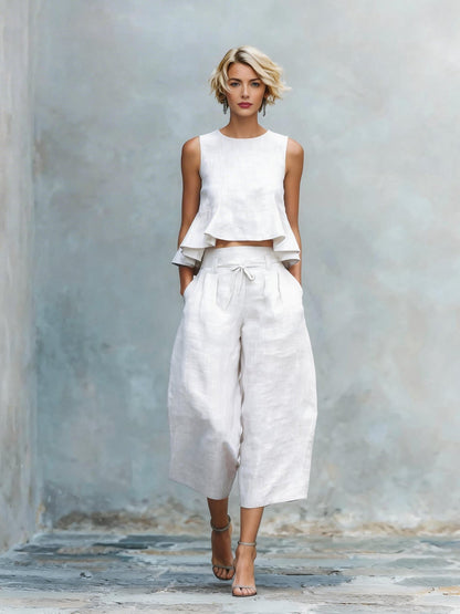 Women’s Linen-Blend Sleeveless Two Piece Set with Ruffled Detailing