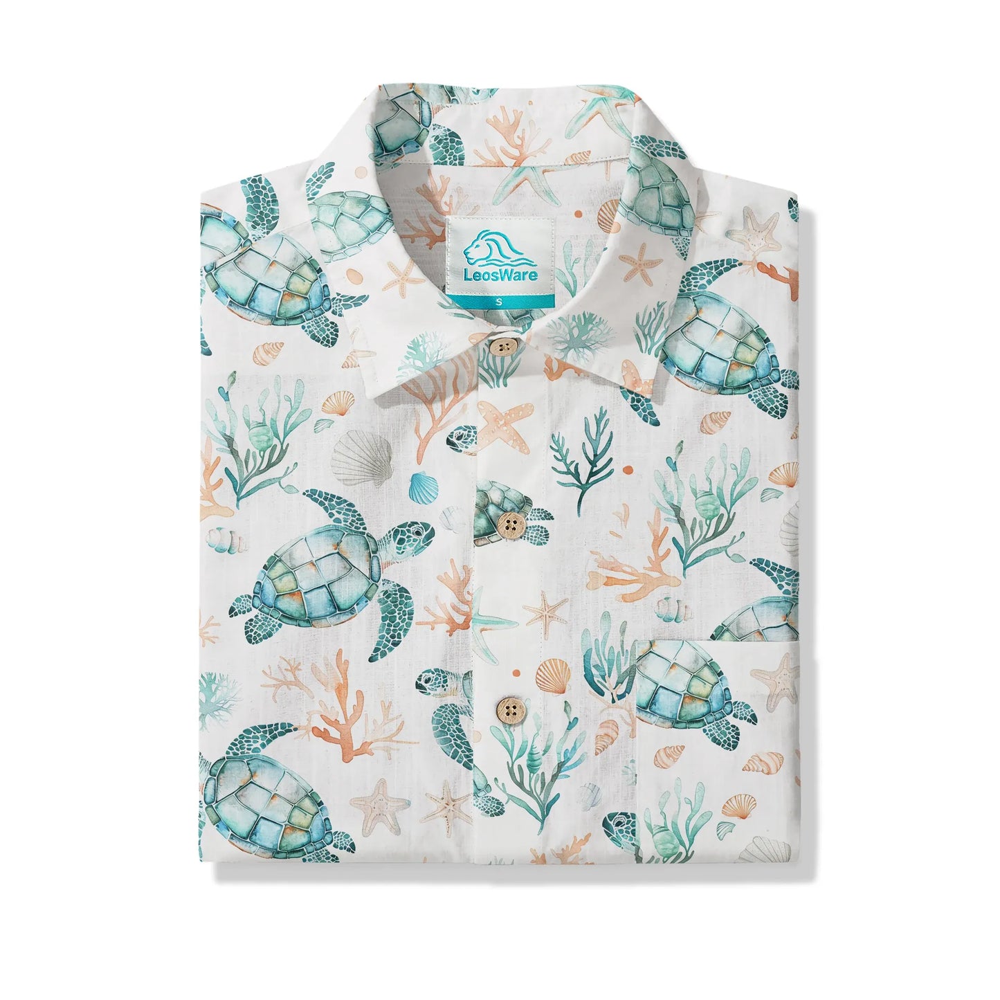 LeosWare® Men's Hawaiian Shirt Short Sleeve Button-up 100% Cotton Blue Aloha Coral Wonderland Of The Sea Turtle