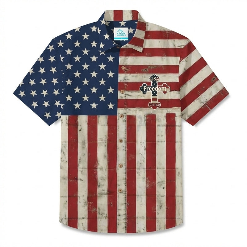 LeosWare® Men's Hawaiian Shirt Short Sleeve Button-up Breathable & Quick-Dry Aloha Bicentennial Celebration