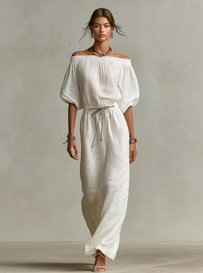 Women's Linen Pants Suit – Solid Color Lantern Sleeve Set