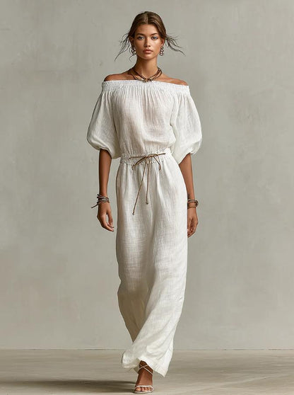 Women's Linen Pants Suit – Solid Color Lantern Sleeve Set